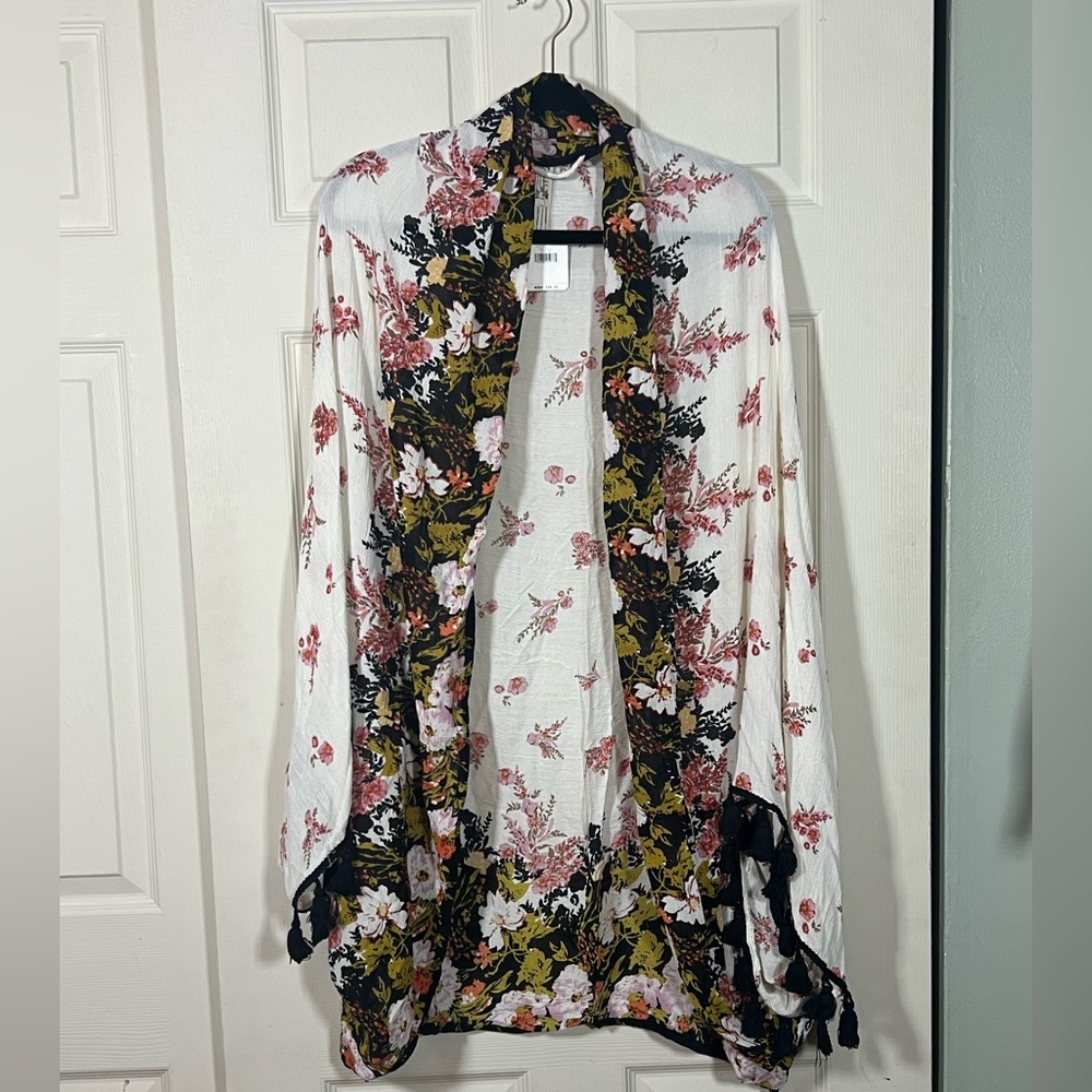 Free People Floral Tassel Kimono Boho Cover Up NWT One Size